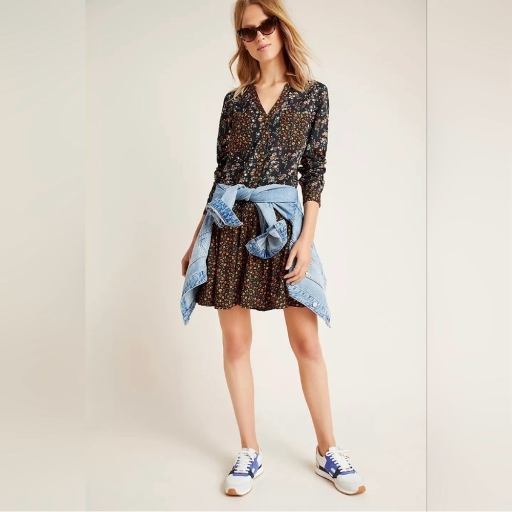 ANTHROPOLOGIE MAEVE Marlie Button Front Black Floral Print Mini Tunic Dress Sz 2
